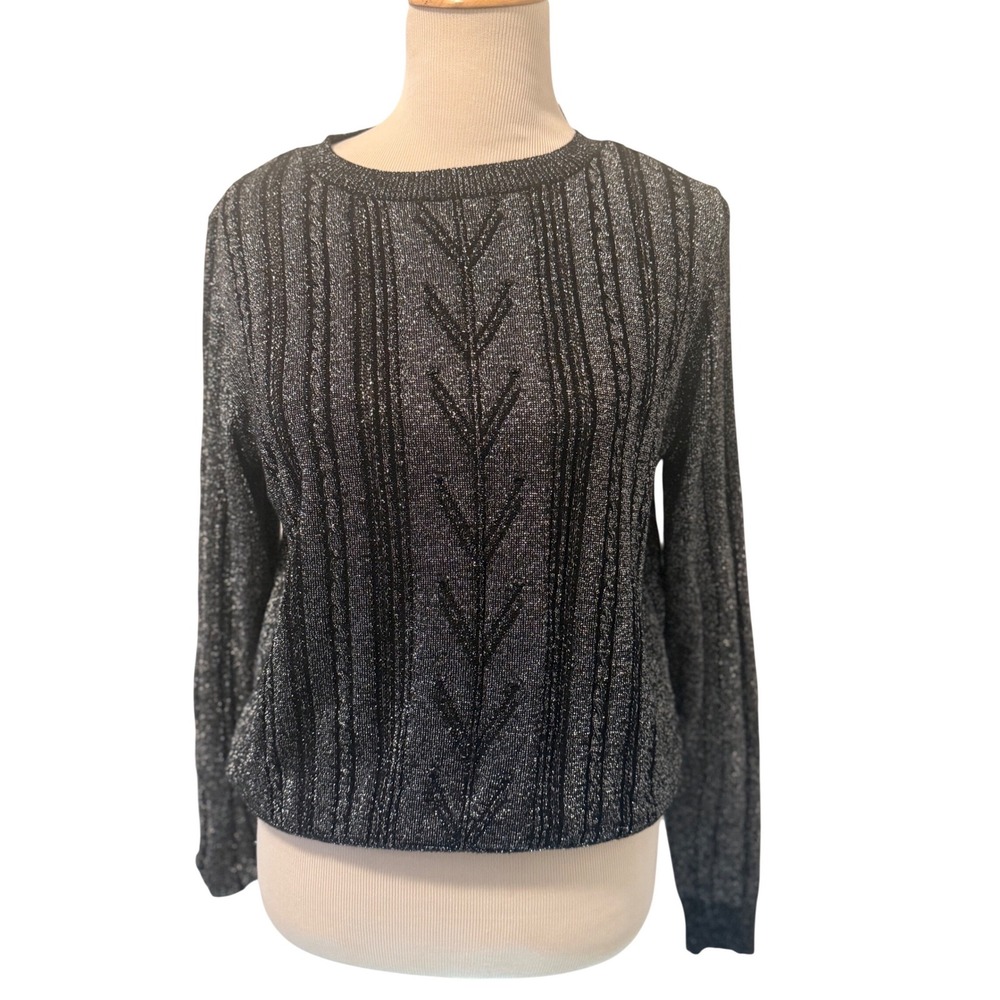 TOPSHOP Black Silver Metallic Sparkle Knit Long Sleeve Sweater Top Women's‎ M